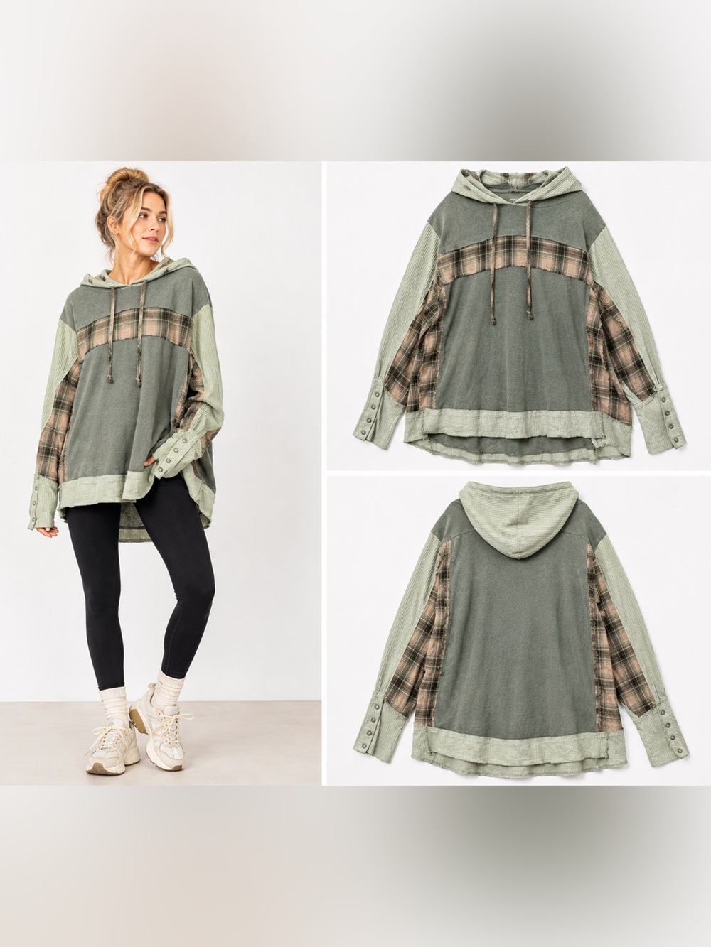 POL Clothing Boho Patchwork Plaid Distressed Hoodie Sage Green S